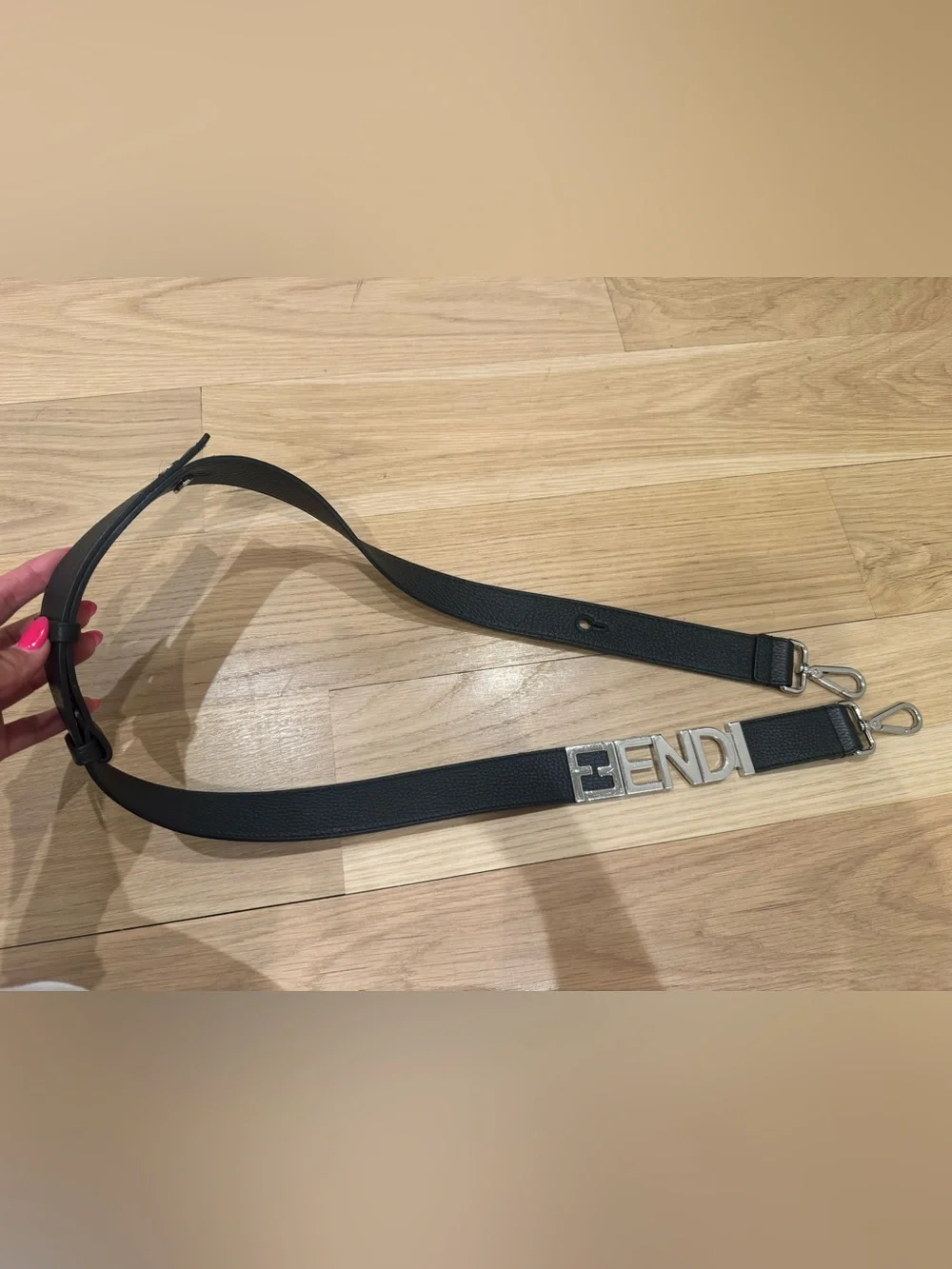 Fendi Black Leather Adjustable bag Strap with Silver Logo Letters